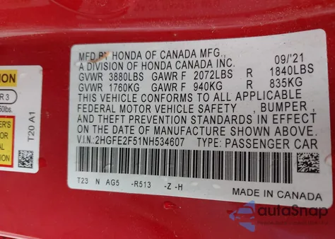 2022 Honda Civic Sport from USA, damaged, VIN 2HGFE2F51NH534607